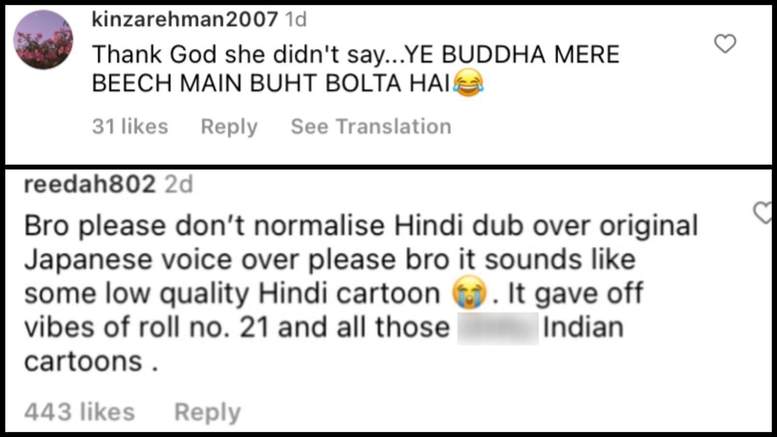 Some comments on the Instagram post about the Hindi Dub of Demon Slayer. (Image via Instagram)