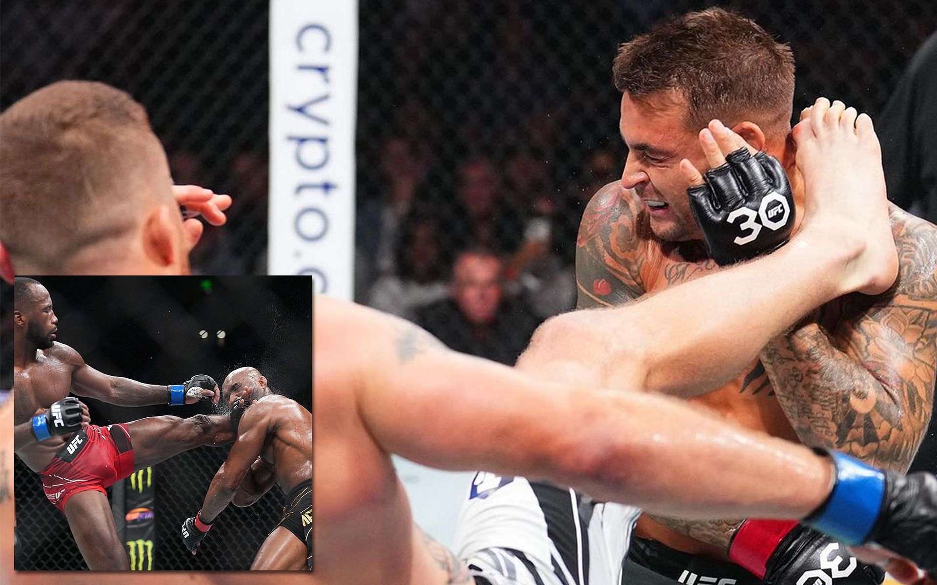 Justin Gaethje knocking out Dustin Poirier [R] and Leon Edwards finishing Kamaru Usman [Inset] [Images via @ufc Instagram]