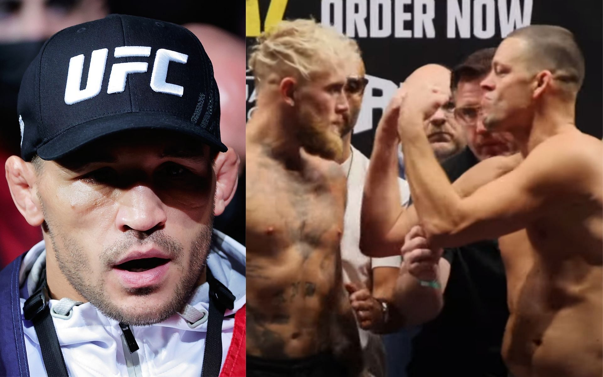 Michael Chandler (Left); Jake Paul faces off with Nate Diaz (Right) [*Image courtesy: left image via Getty Images; right image via TheMacLife YouTube channel]