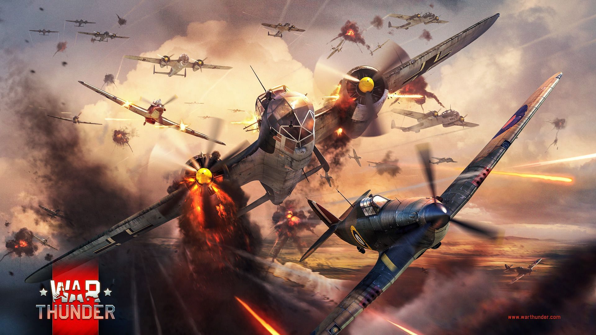 Many planes engaged in a battle in War Thunder.