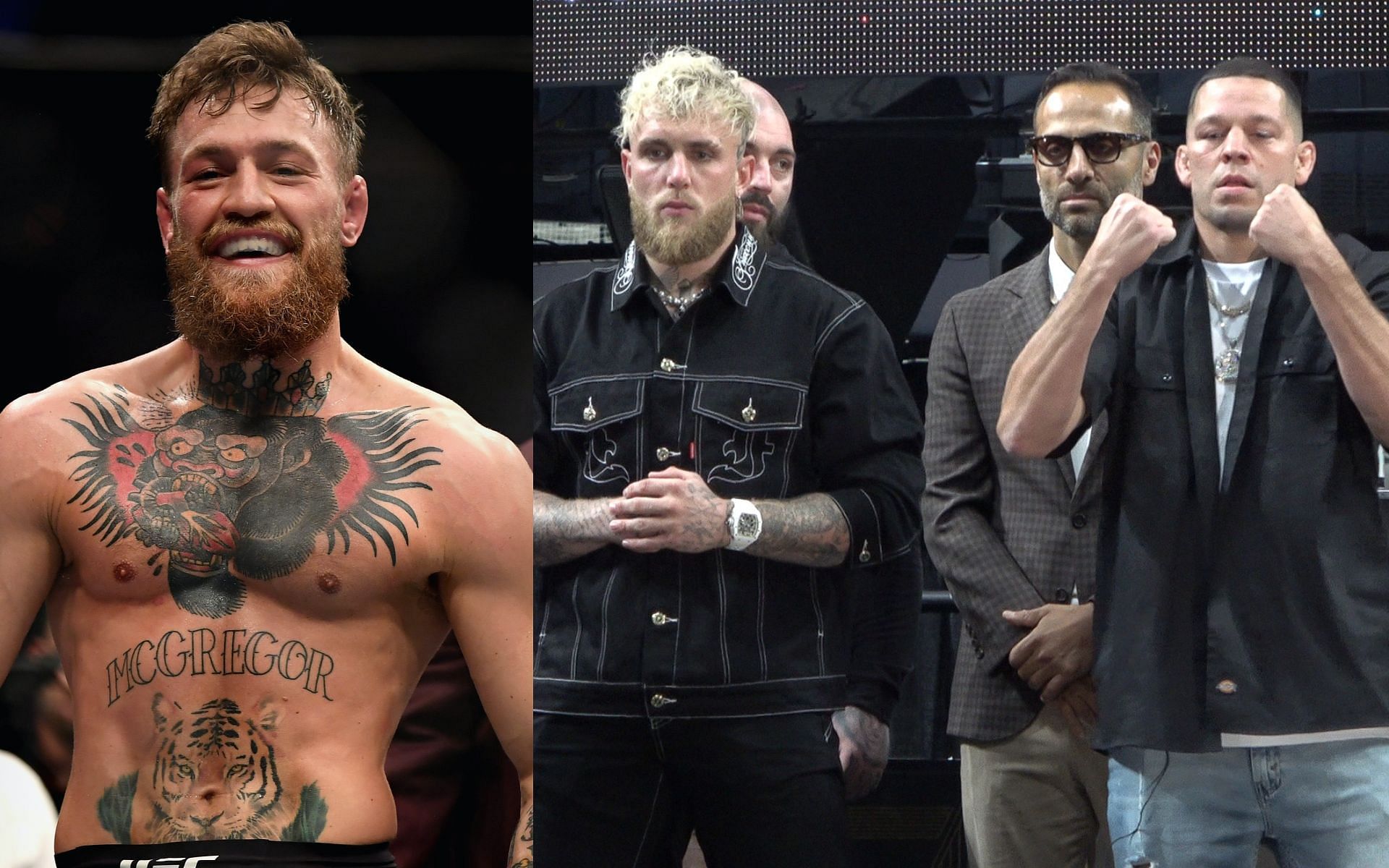 Conor McGregor (left) and Jake Paul vs. Nate Diaz (right) [Image credits: Getty Images and @MMAMania on Twitter]