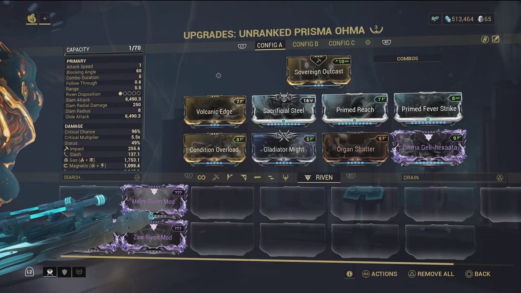 Warframe Prisma Ohm build with Condition Overload and +Cold Riven (image via Digital Extremes)