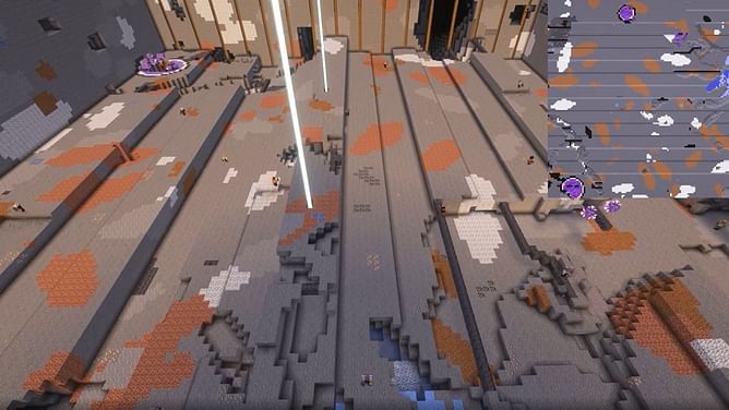 Minecraft "Off-Camera Mining" done by a player using 16 bots digging a 128x128 area