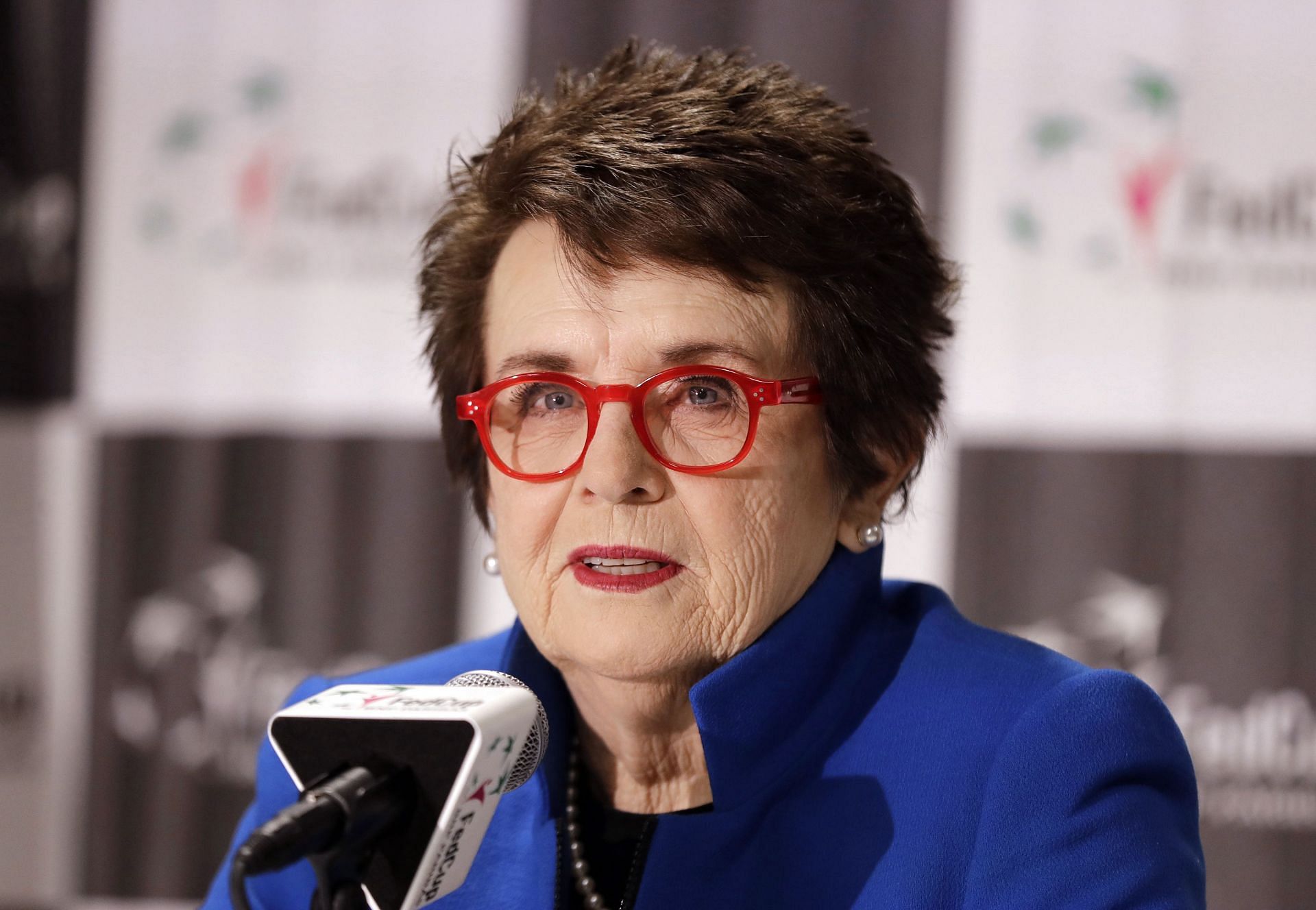 Billie Jean King at a press conference
