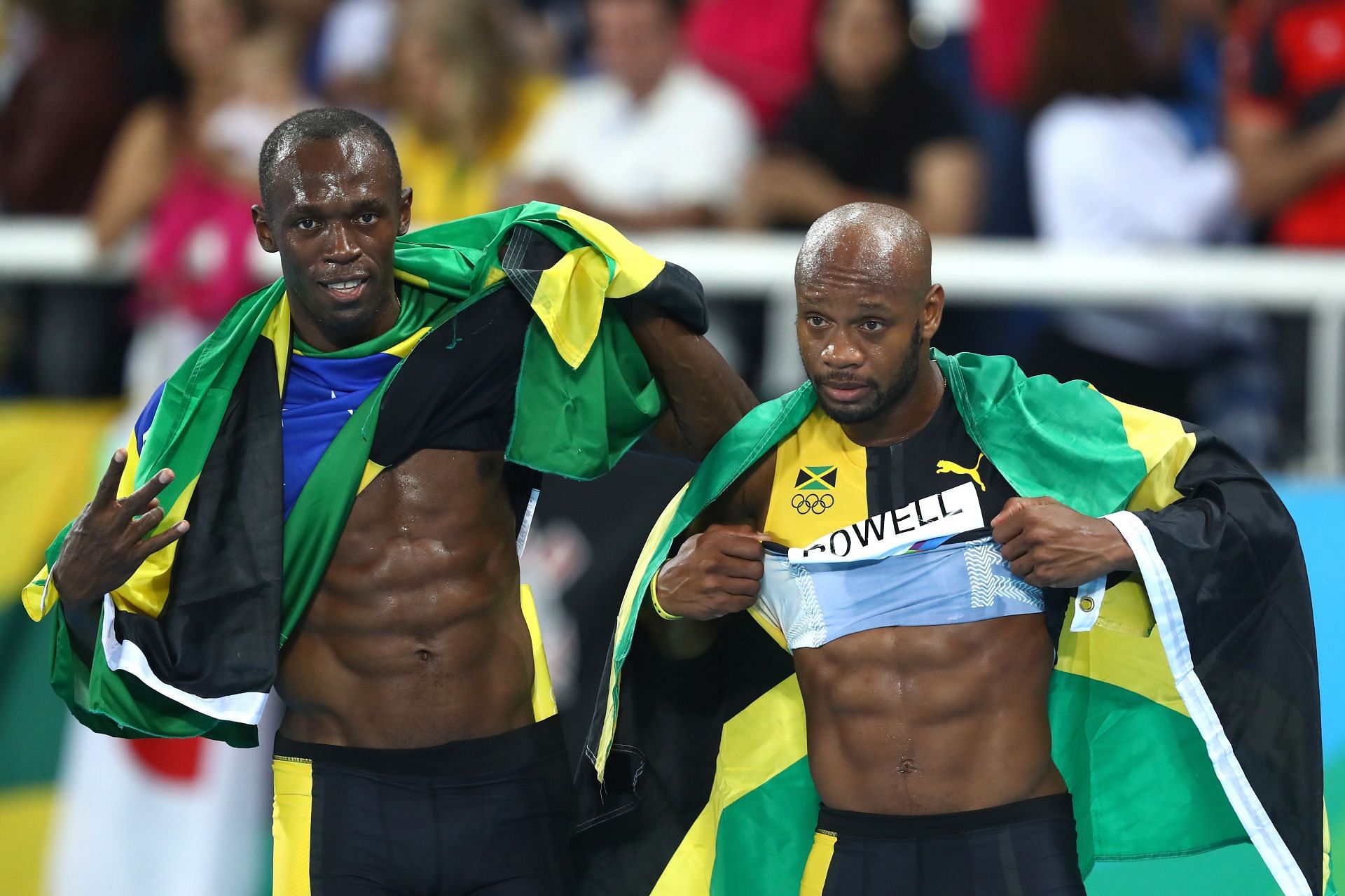 Usain Bolt and Asafa Powell at the 2016 Rio Olympics in Rio de Janeiro