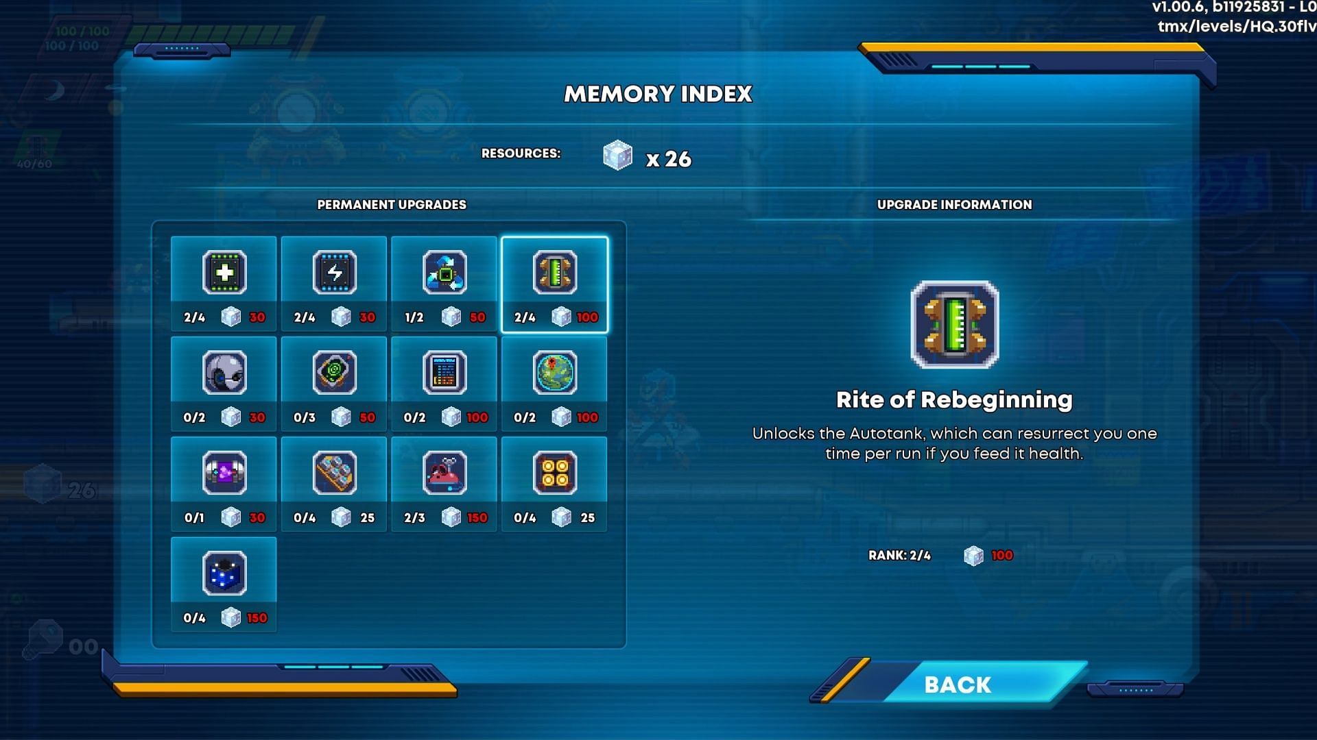 You can spend Memoria to upgrade your stats to make the game easier. (Image via Batterystaple Games)