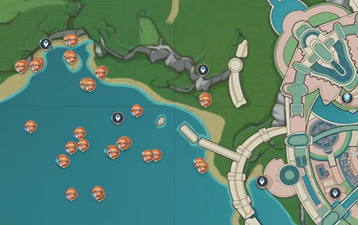 Teleport Waypoints locations westward from the Court of Fontaine (Image via HoYoverse)