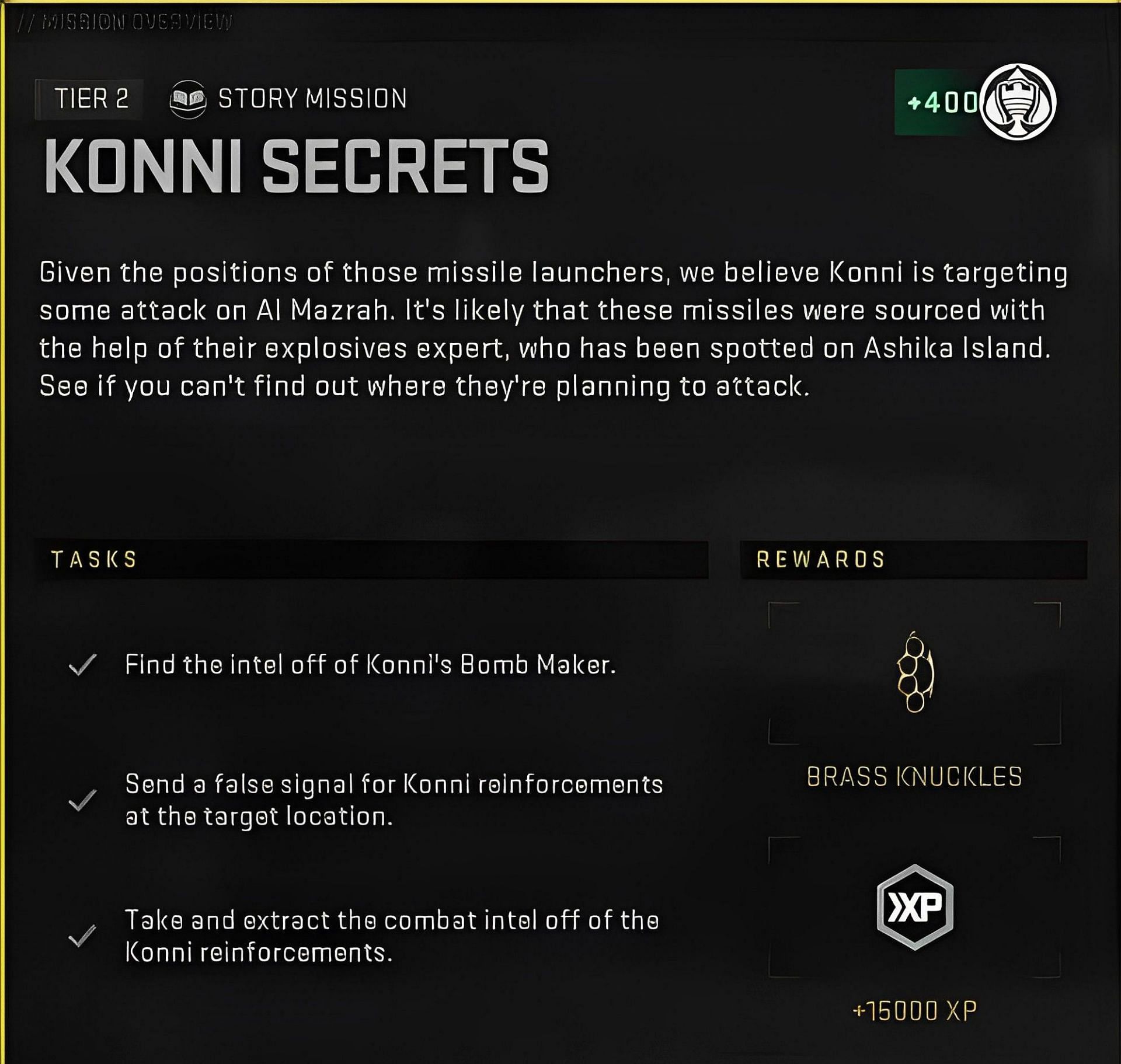 Tasks included in Konni Secrets mission in Warzone 2 DMZ (Image via Activision)