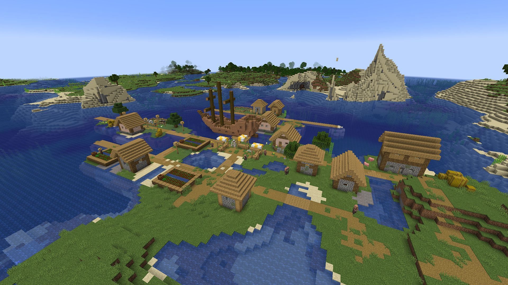 This cozy village spawn comes with its own complete ship! (Image via Mojang)