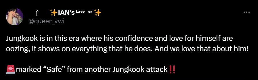 A netizen praises Jungkook&#039;s looks in the video (Image via Twitter/queen_vwi)