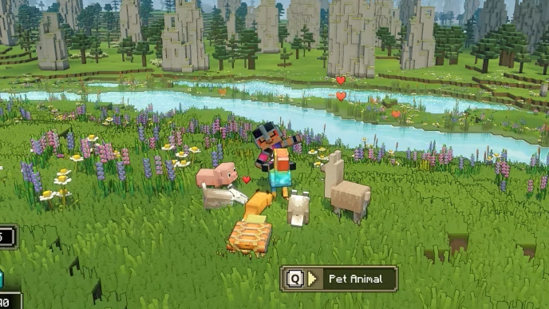 An in-game character petting several animals that have surrounded them in Minecraft Legends (Image via Mojang)