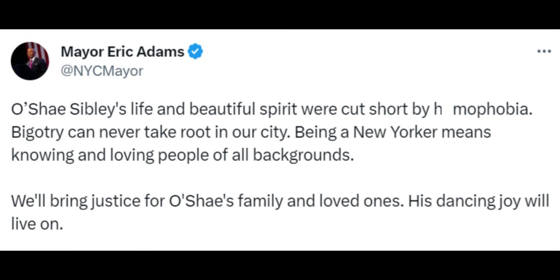 Internet erupts in outrage and calls Sibley&#039;s death a hate crime. (Image via Twitter/@NYCMayor)