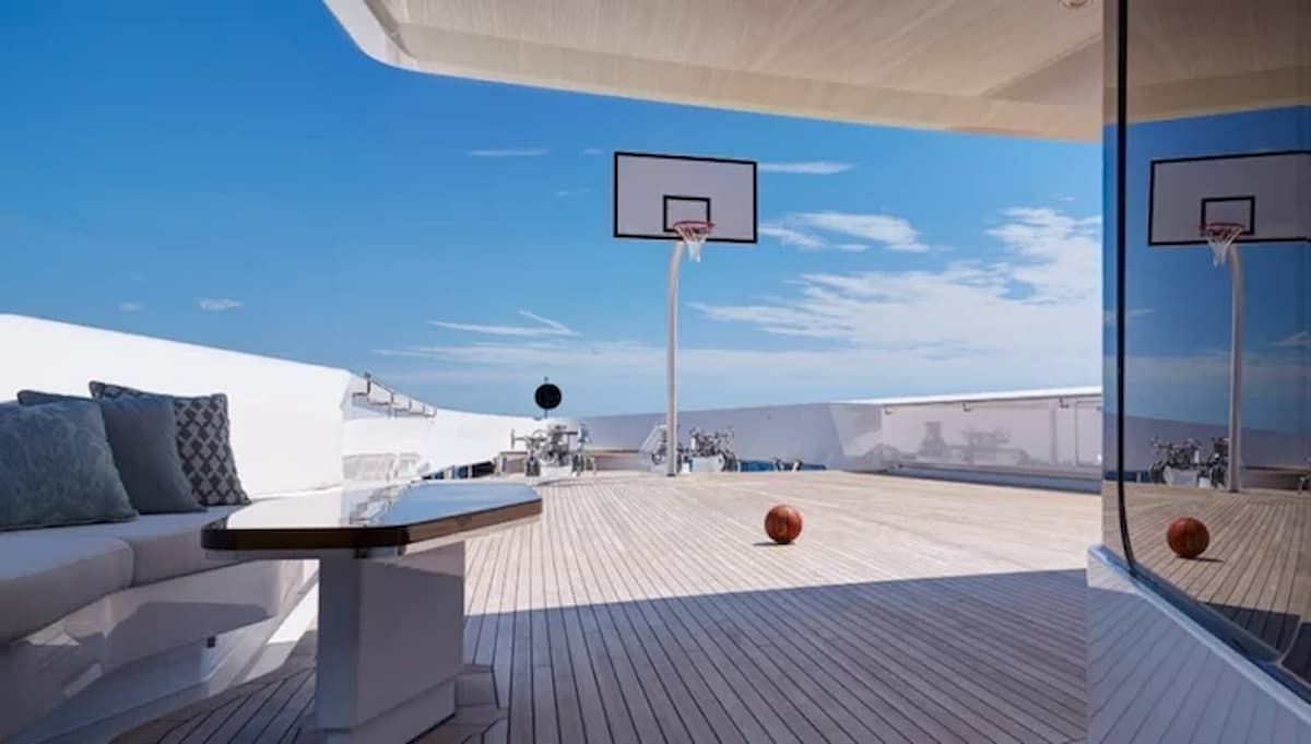 The yacht boasts a basketball court.