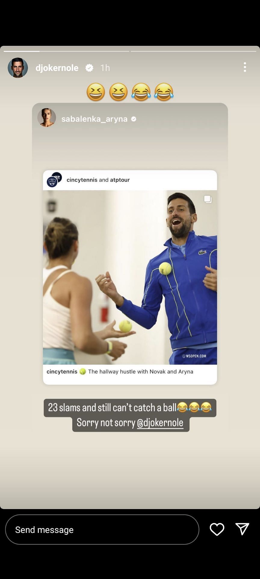 Novak Djokovic reposts Aryna Sabalenka&#039;s story on Instagram.