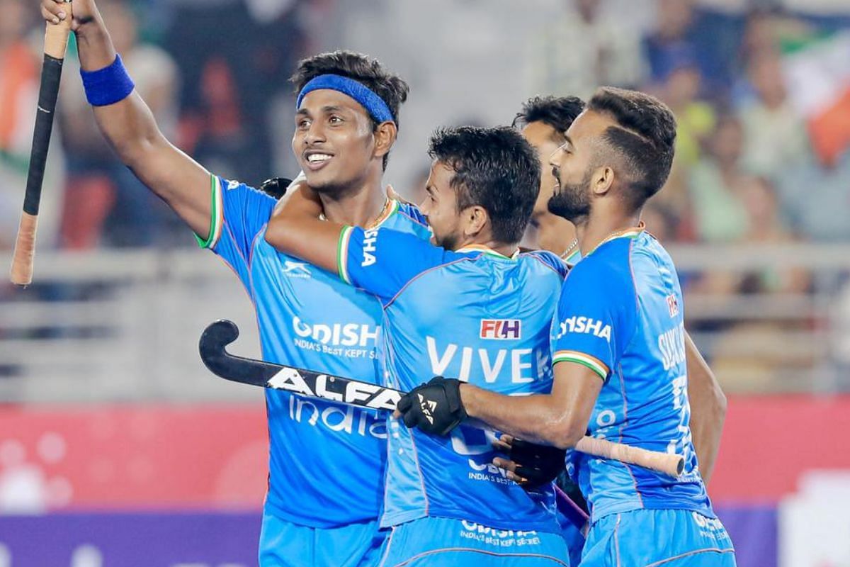 Karthi Selvam celebrates with his teammates after scoring in Pro Hockey League (Image: Hockey India)