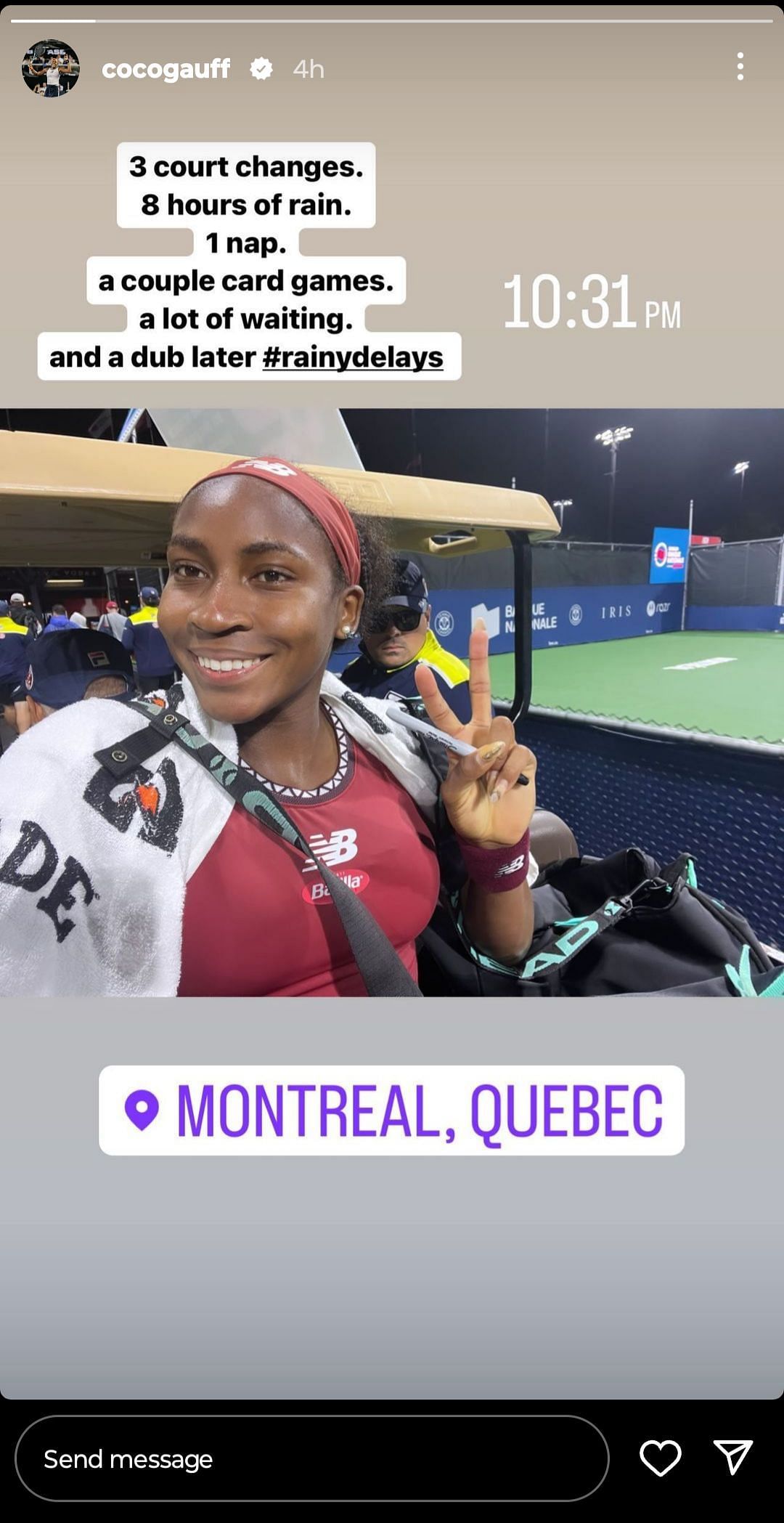 Gauff highlighting her rain delay experience at the Canadian Open via an Instagram story