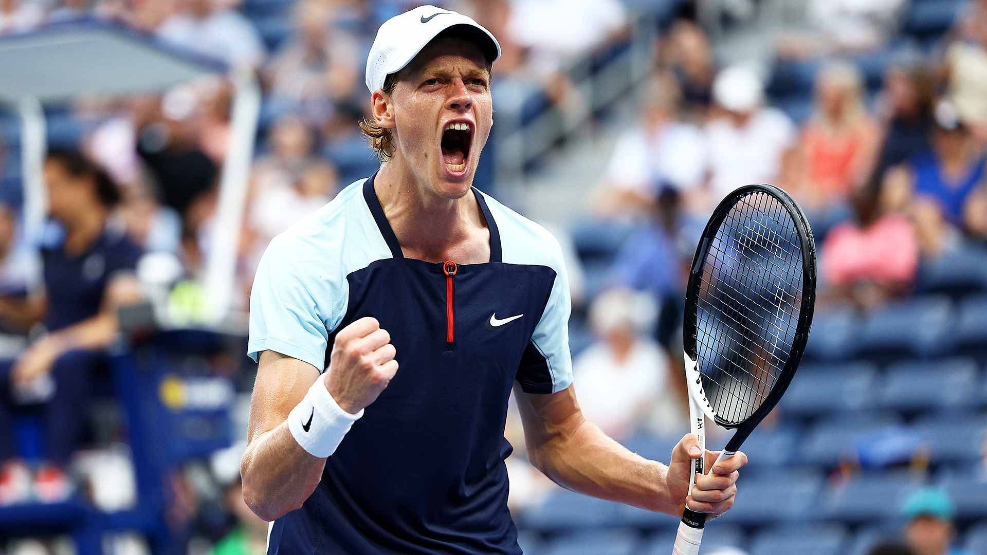 Jannik Sinner screeches after winning a point at the 2022 US Open