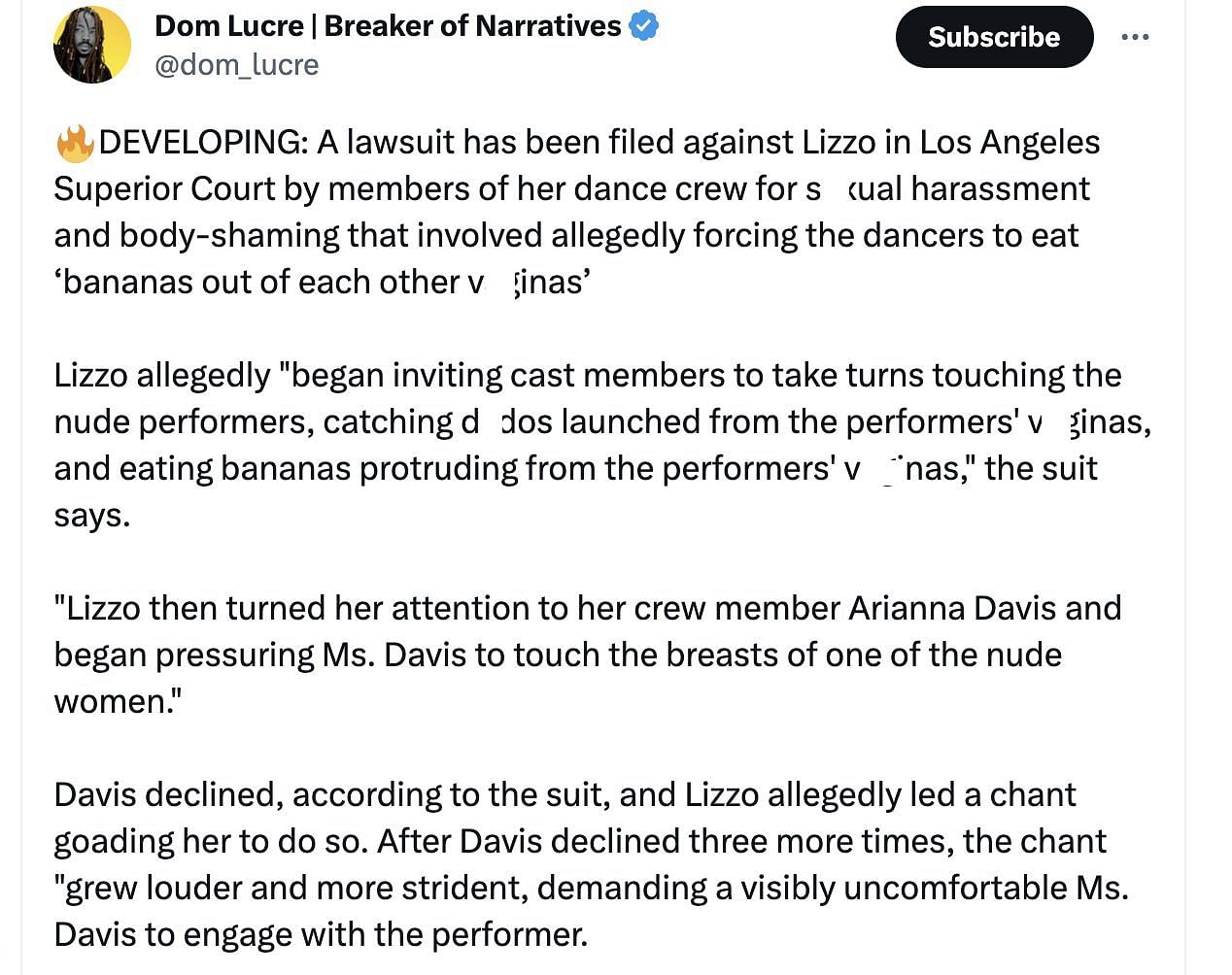 Lizzo&#039;s dancers accused her of harassing, assaulting, and discriminating against them (Image via Twitter)