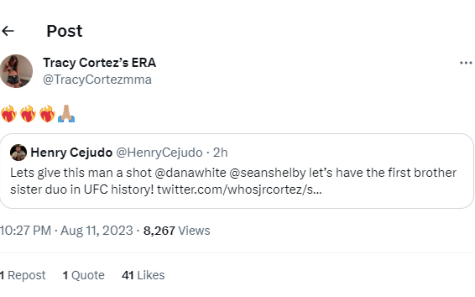 Tracy Cortez&#039;s reaction to Cejudo&#039;s tweet