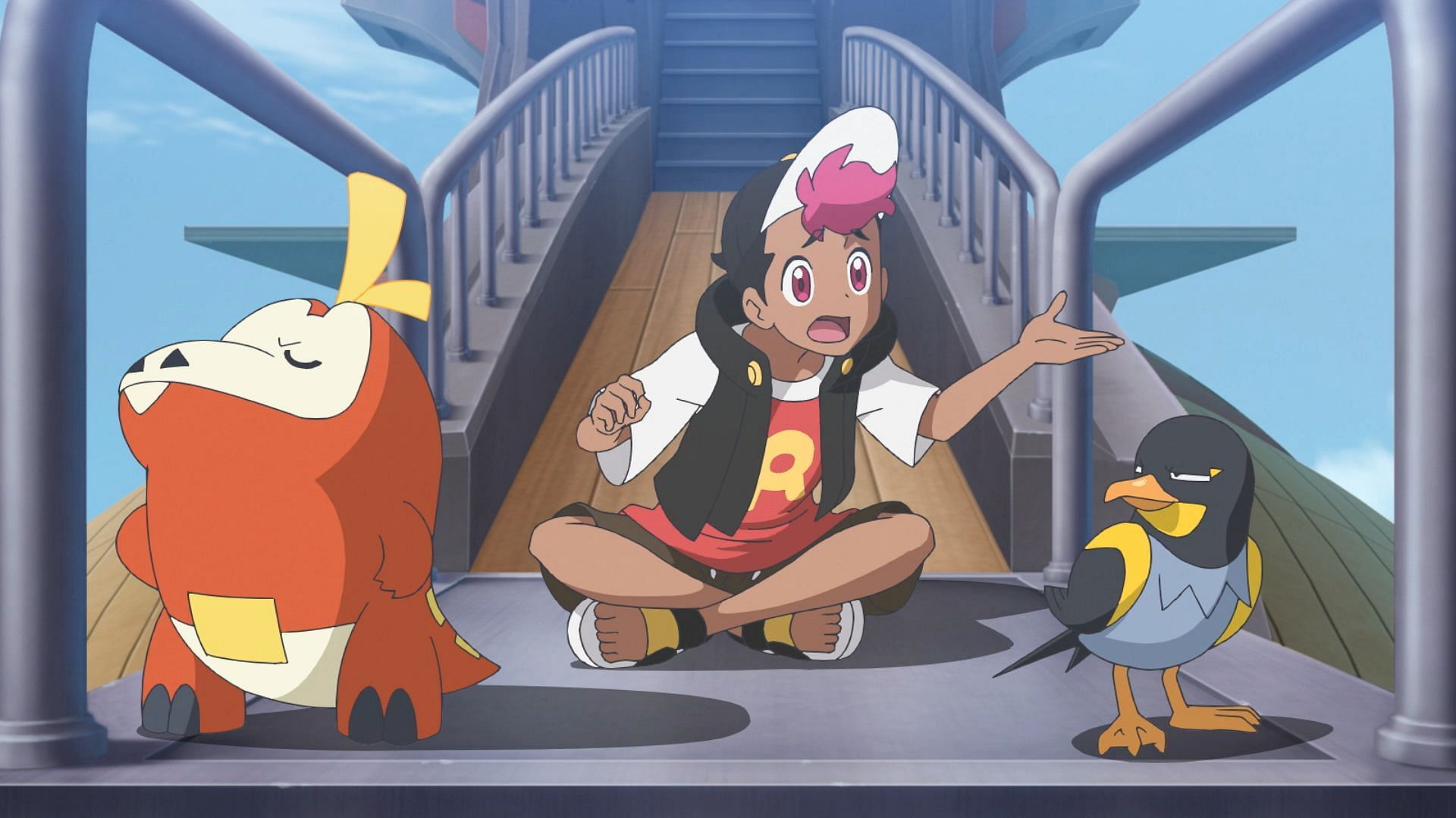 Roy attempts to get his Fuecoco and Wattrel to get along aboard the Brave Asagi in Pokemon Horizons.