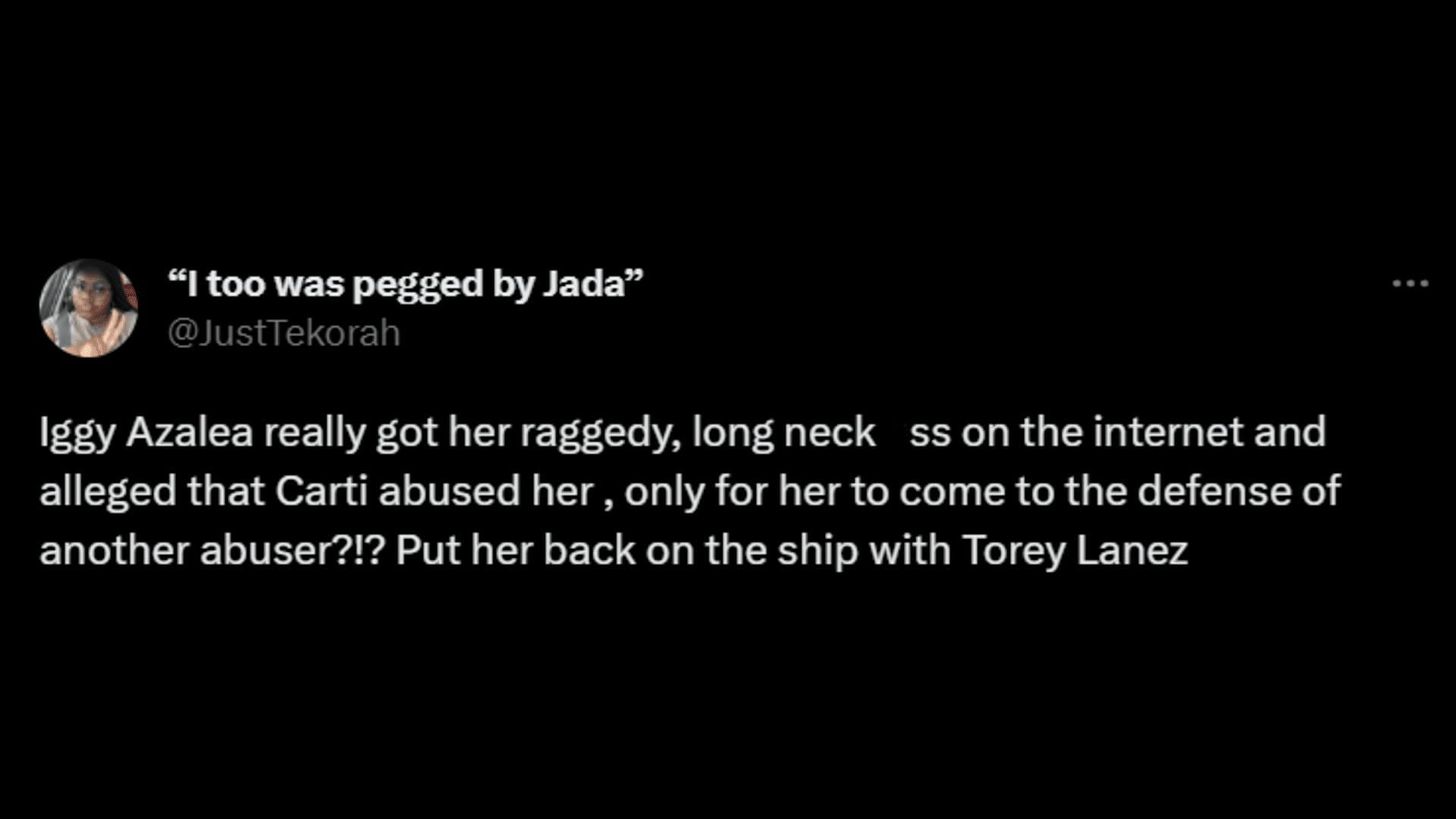 A netizen calls out Iggy for supporting an abuser. (Image via Twitter/&quot;I too was pegged by Jada&quot;)