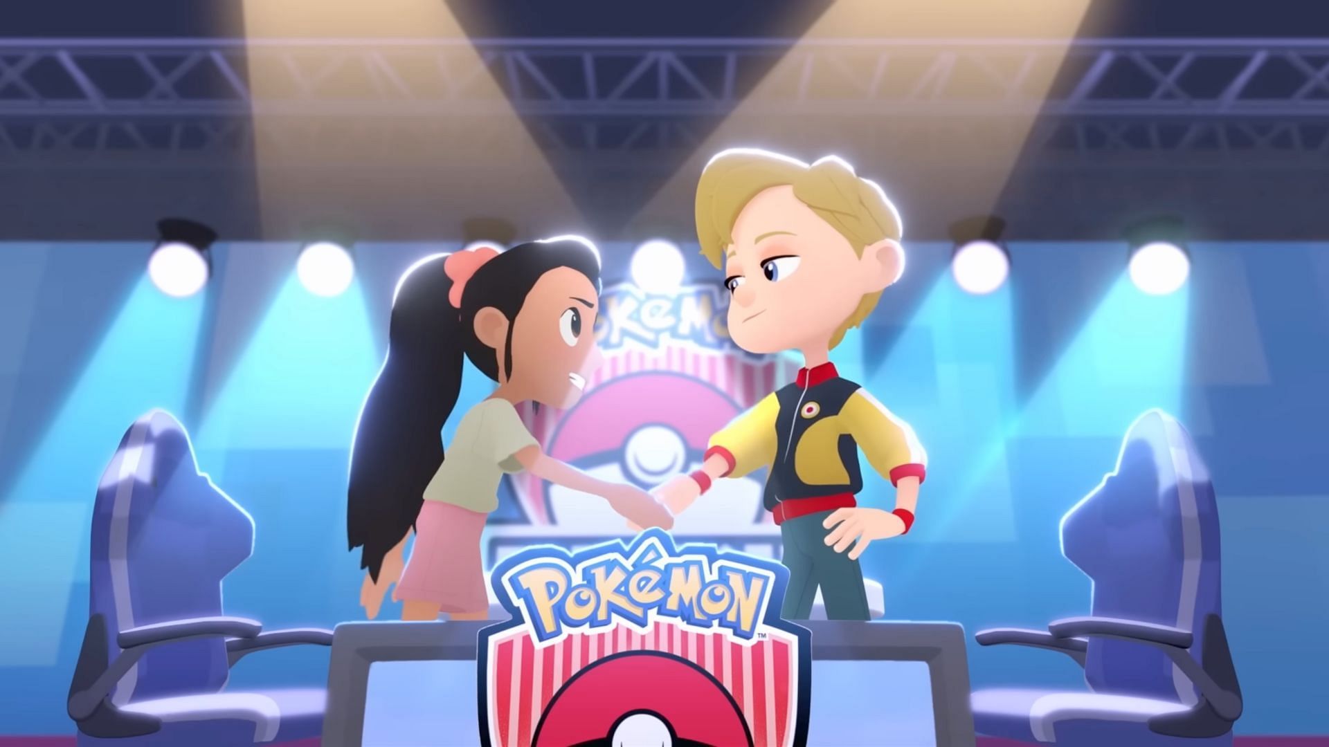 Ava shakes hands with Edgar in Pokemon: Path to the Peak.