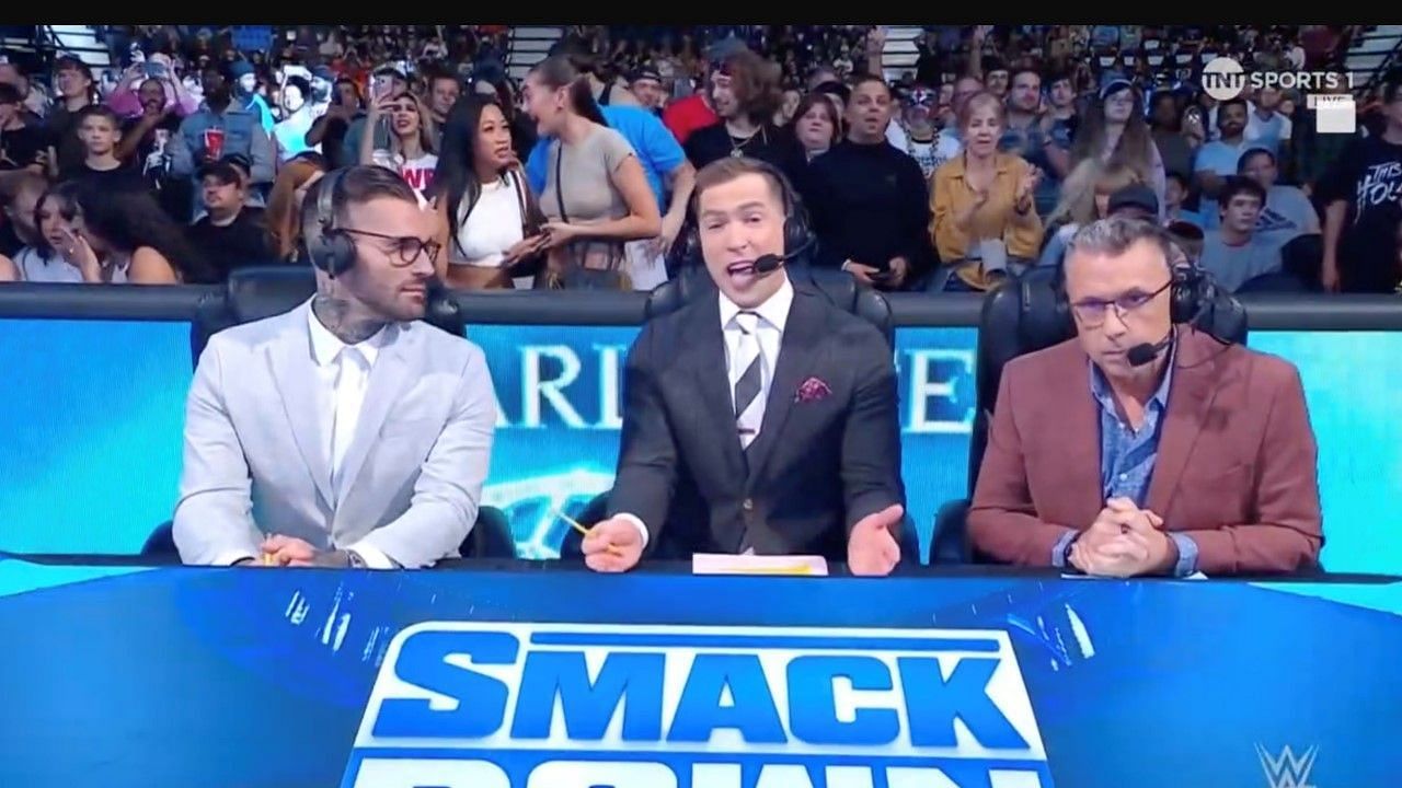 Corey Graves, Kevin Patrick, and Michael Cole form the SmackDown announcement team