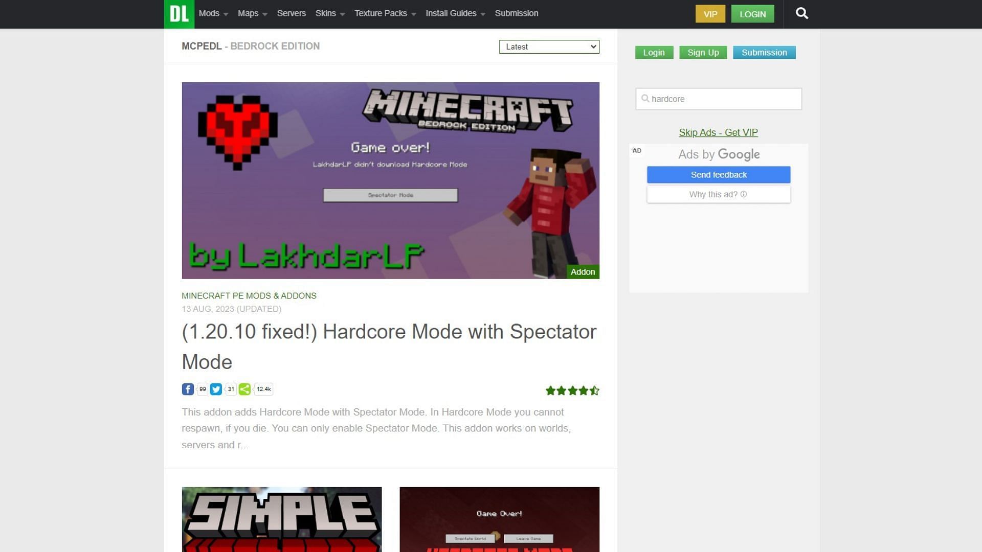 Minecraft Hardcore mode add-on for Bedrock edition (Image via mcpedl.com)