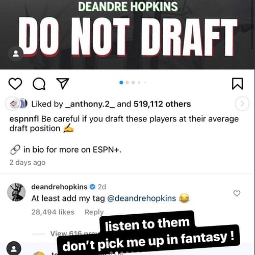 Hopkins' repost of ESPN's post about him being a fantasy warning. Credit:@deandrehopkins (IG)