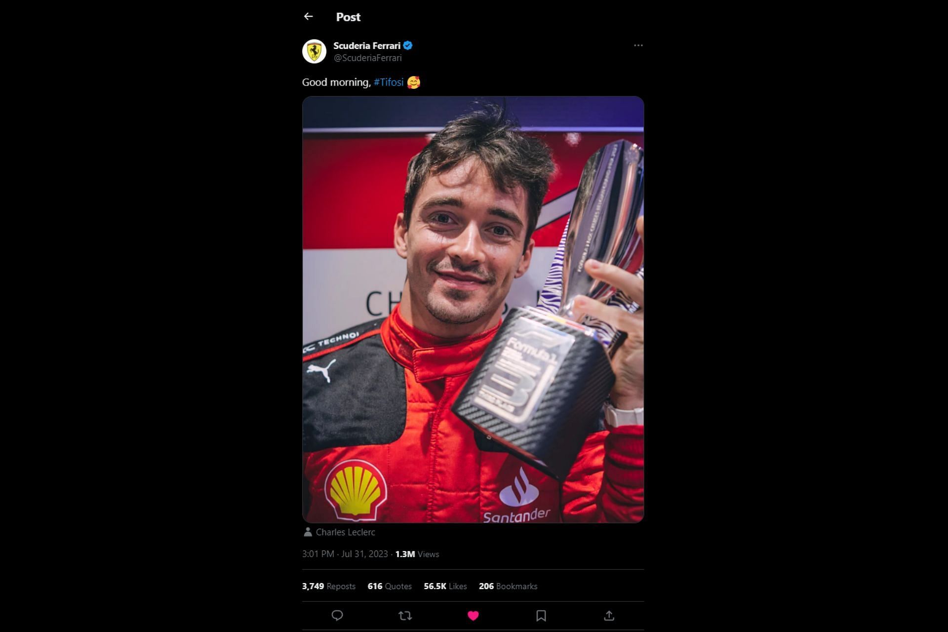 Tweet of Charles Leclerc with his third-placed trophy after the 2023 F1 Belgian GP (Image via Sportskeeda)
