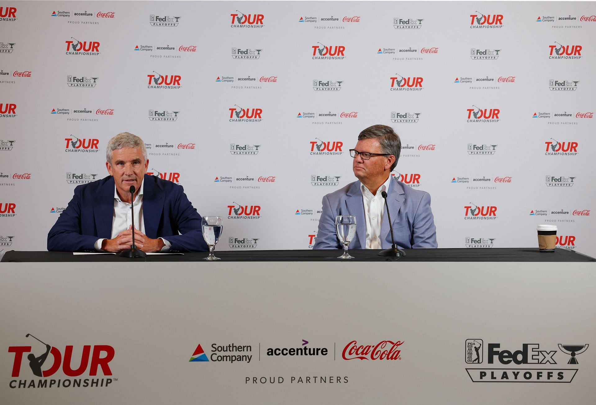 Jay Monahan and Tyler Dennis speak to the media prior to the 2023 Tour Championship