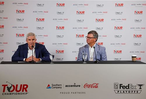 Jay Monahan and Tyler Dennis speak to the media prior to the 2023 Tour Championship