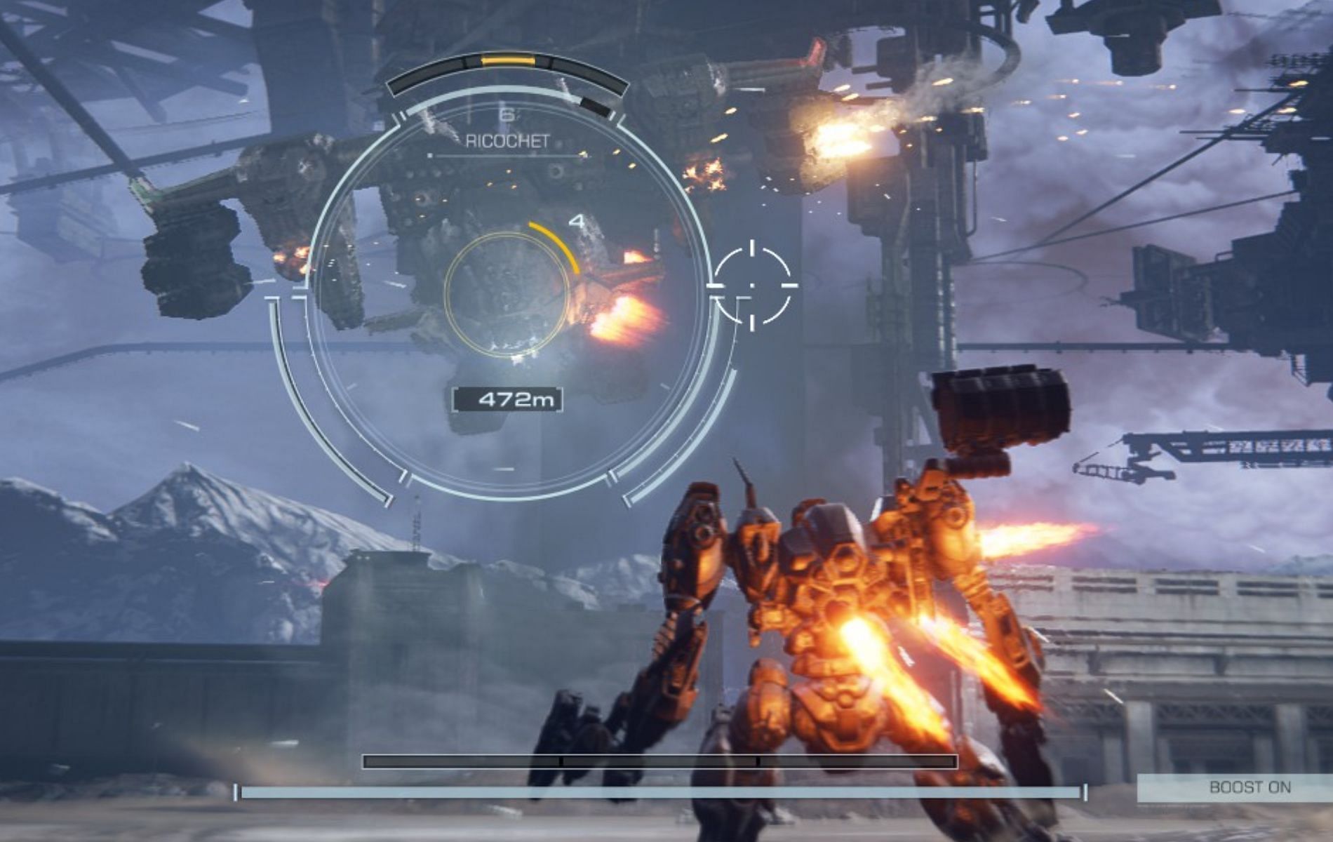 Screenshot from Armored Core 6 Fires of Rubicon featuring the first boss fight against the AH12 HC Helicopter