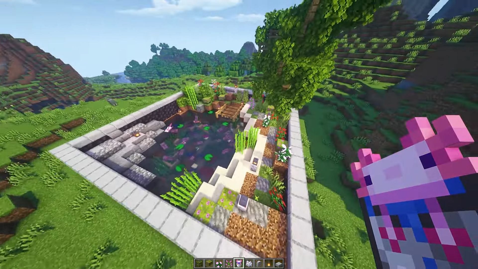 A little water and a few axolotls create a very serene Minecraft garden design (Image via SimonNoComments/YouTube)