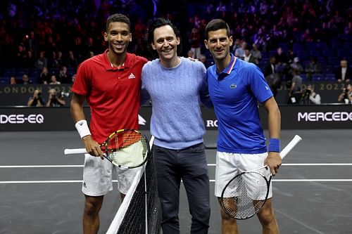 Felix Auger-Aliassime pictured with Tom Hiddleston and Novak Djokovic.