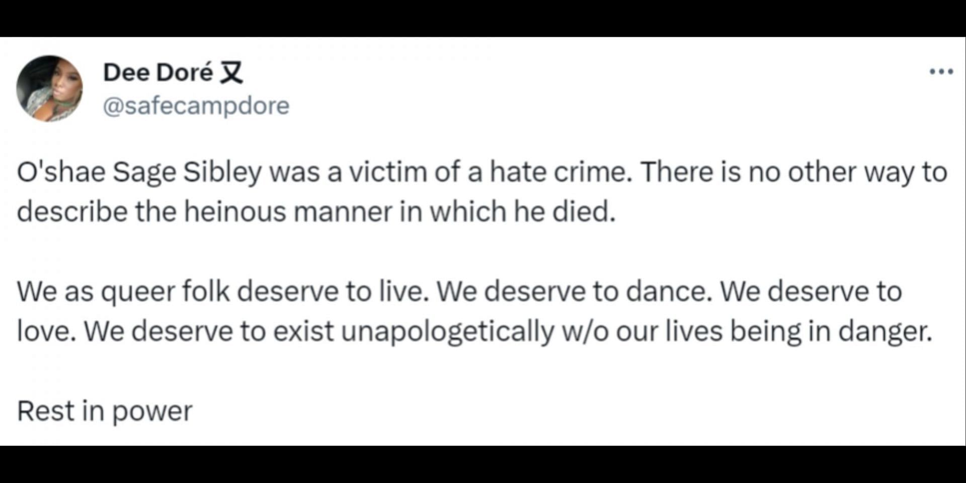 Internet erupts in outrage and calls Sibley&#039;s death a hate crime. (Image via Twitter/@safecampdore)