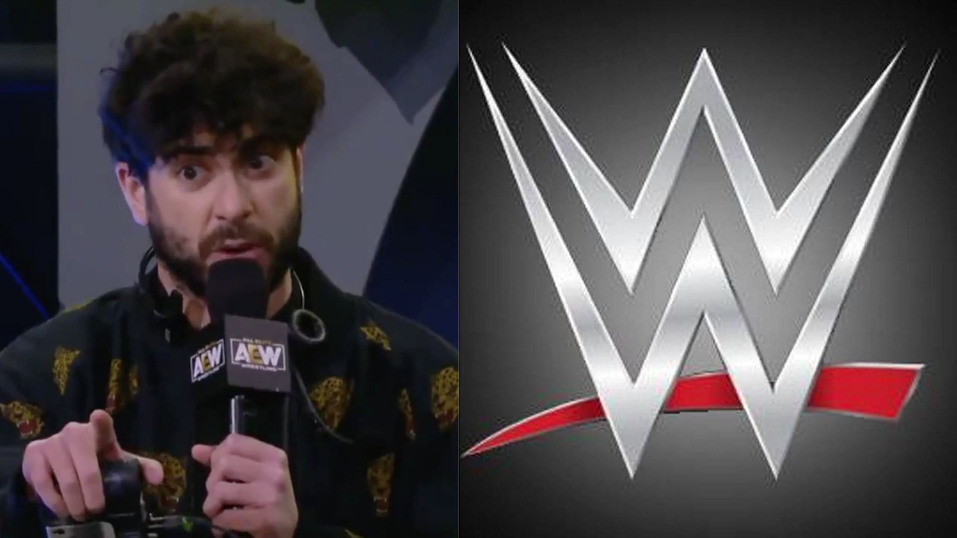 AEW chief Tony Khan (left) and WWE logo (right)