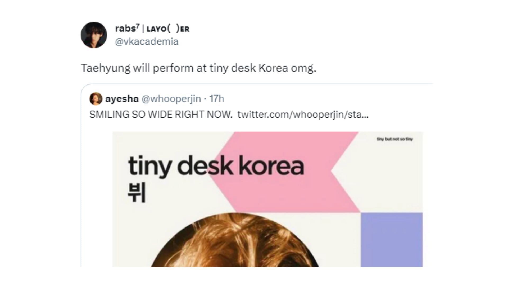 Taehyung might be the first guest to perform on Tiny Desk Korea (Image via X/@vkacademia)