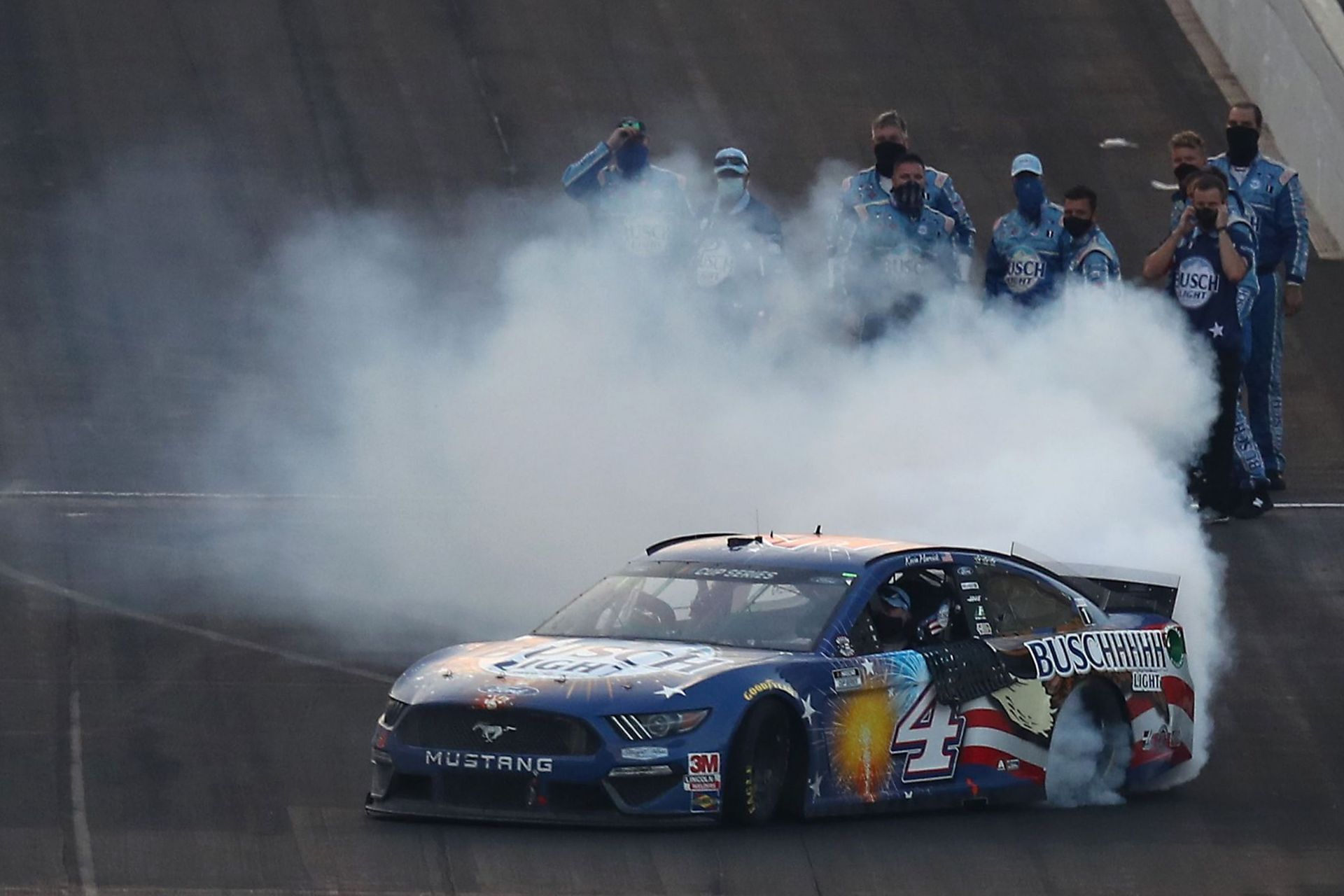 Harvick celebrating his victory at IMS 2020