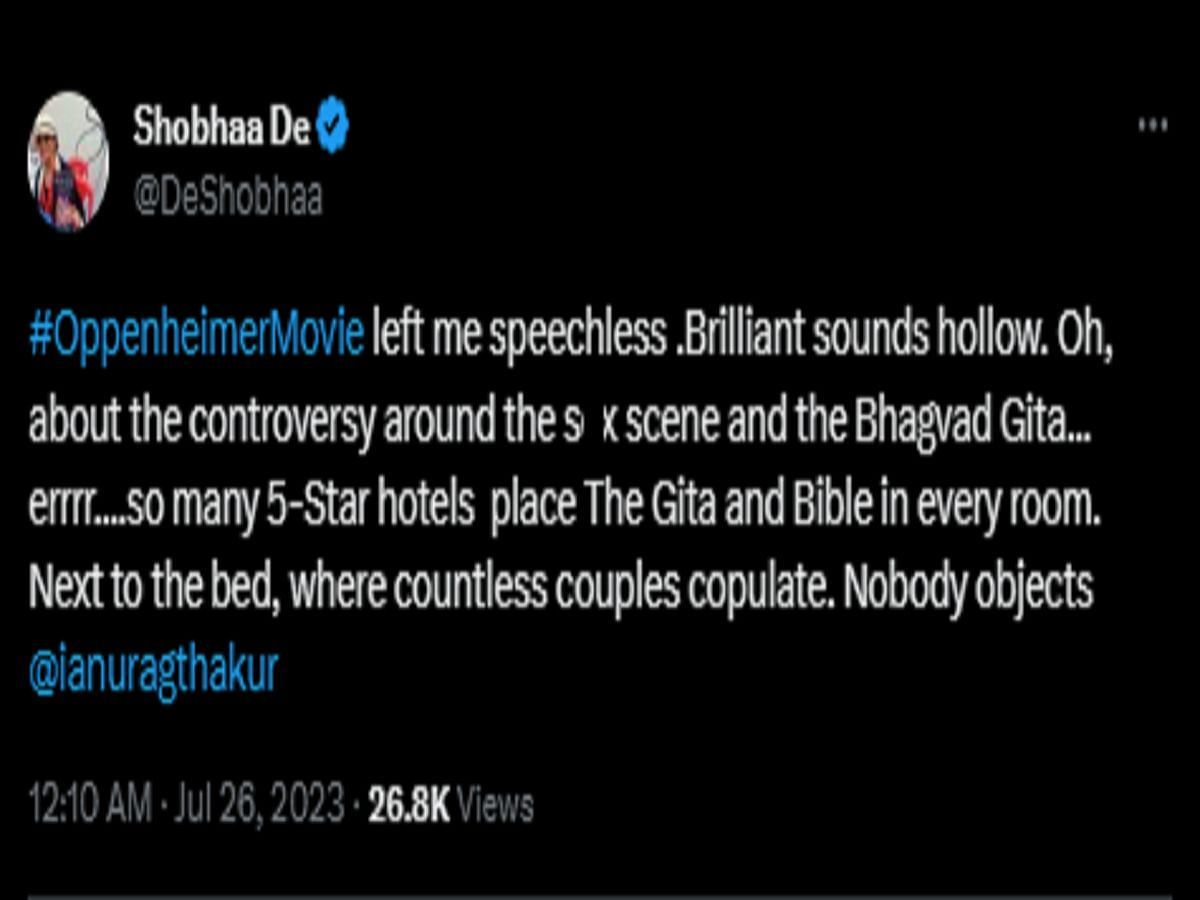 Screenshot of Shobha De&#039;s tweet (Image via Twitter)