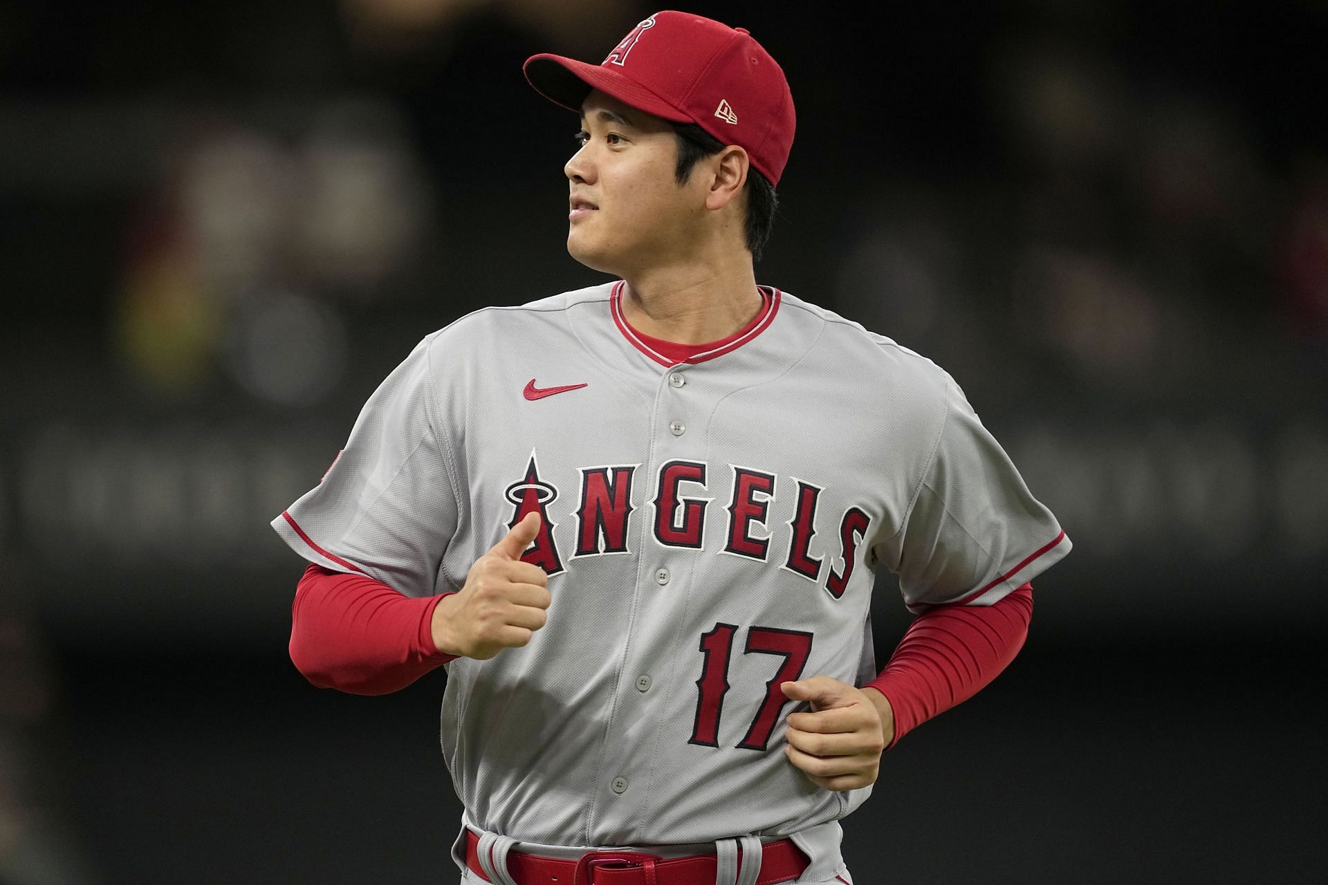 Los Angeles Angels&#039; Shohei Ohtani warms up for a game against the Texas Rangers in Arlington, Texas