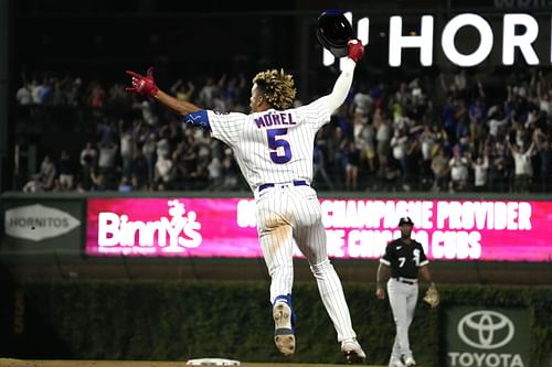 Chicago Cubs' Christopher Morel runs the bases after hitting a three-run home run against the Chicago White Sox during the ninth inning of a baseball game in Chicago, Wednesday, Aug. 16, 2023. (AP Photo/Nam Y. Huh)