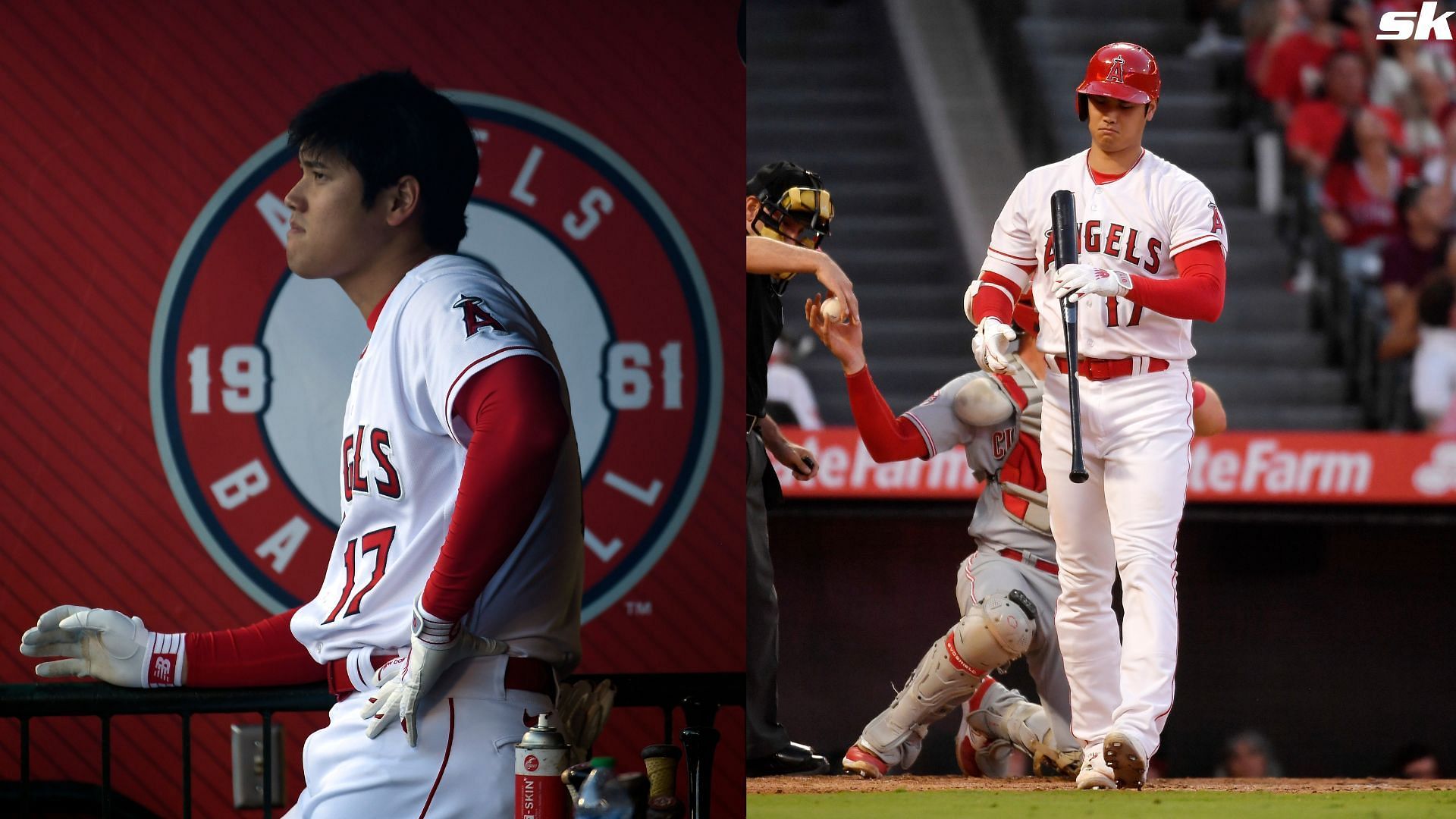 Designated hitter Shohei Ohtani of the Los Angeles Angels looks on in the dugout before the start of game two of a doubleheader against Cincinnati Reds