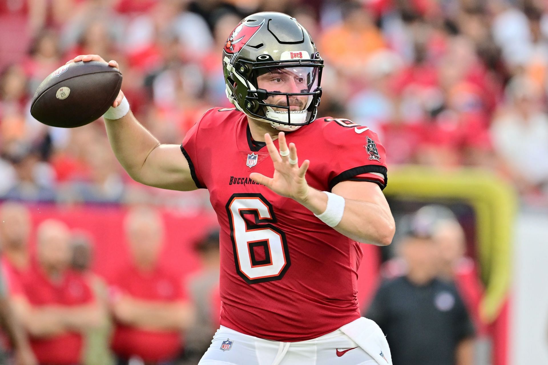 Tampa Bay Buccaneers quarterback Baker Mayfield (6) looks to pass