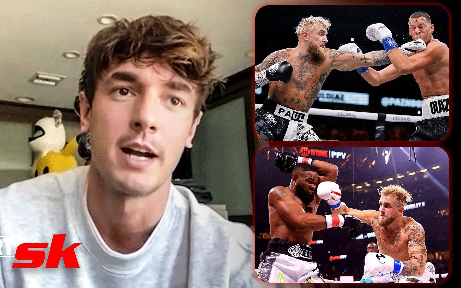 Bryce Hall (Left); Jake Paul vs. Nate Diaz (Top Right); Tyron Woodley vs. Jake Paul 2 (Bottom Right) [*Image courtesy: left image via TMZ Sports YouTube channel; right images via Getty Images]