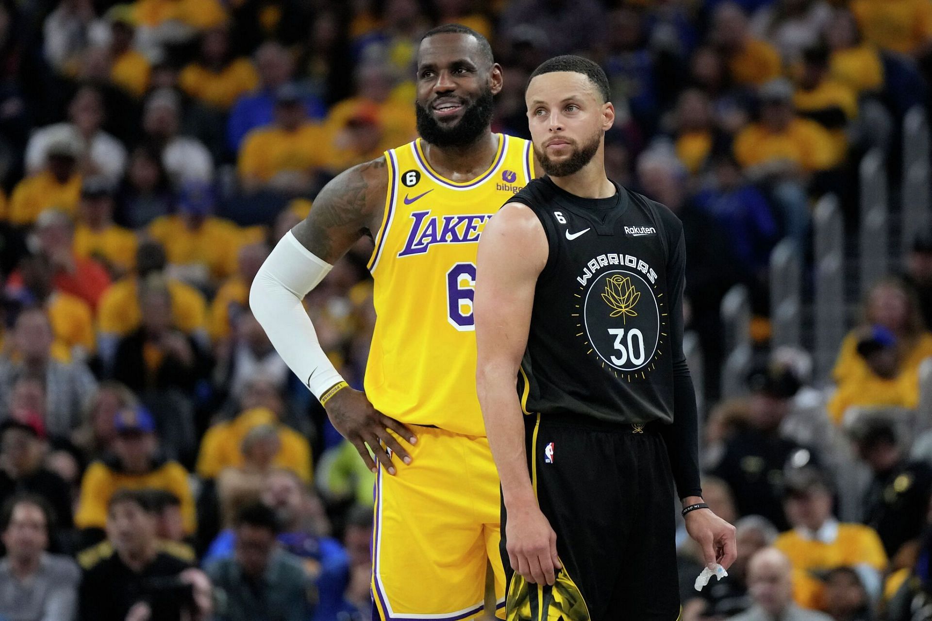 Stephen Curry of the Golden State Warriors against LeBron James of the LA Lakers in 2023