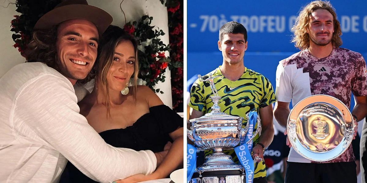 Stefanos Tsitsipas with Paula Badosa (L); with Carlos Alcaraz (R)