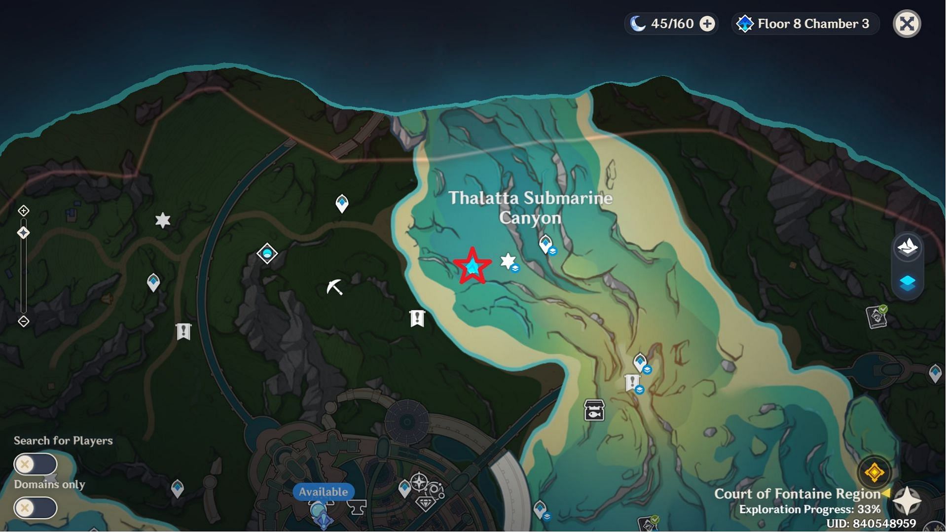 Swords of the Gorge location on the underwater map in Genshin Impact (Image via HoYoverse)