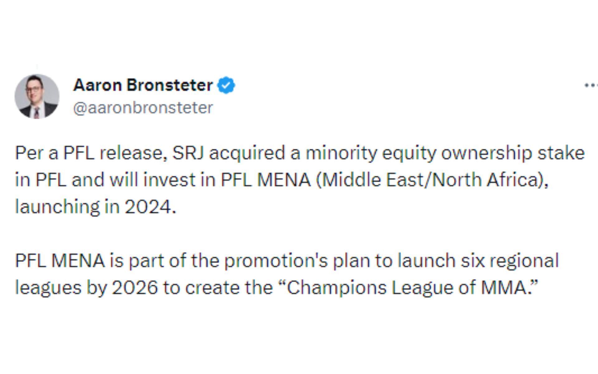 Aaron Bronsteter tweet regarding Champions League of MMA