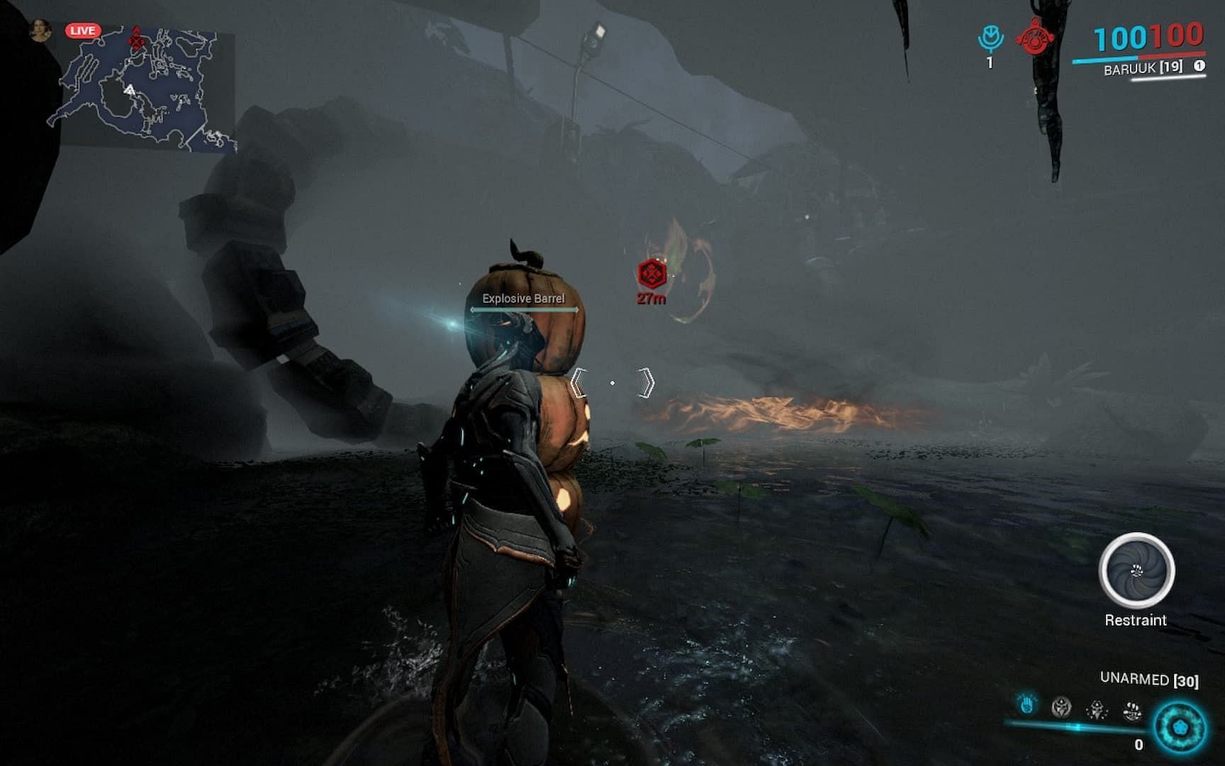 Hide behind the Explosive Barrels to lure Jack O&#039;Naut to charge into them. (Image via Digital Extremes)